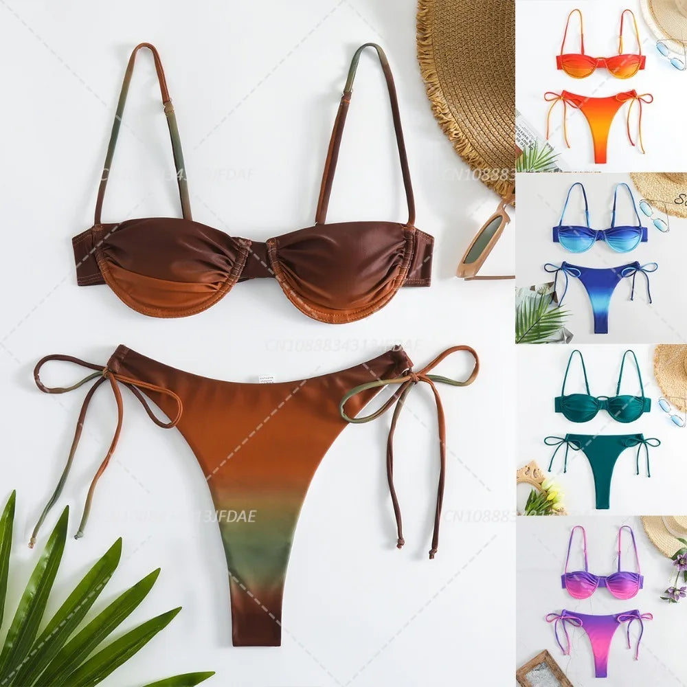 Gradient Orange High Waist Bikini Set – Women’s Print Beach Swimsuit
