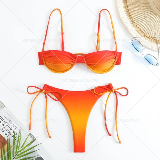 Gradient Orange High Waist Bikini Set – Women’s Print Beach Swimsuit