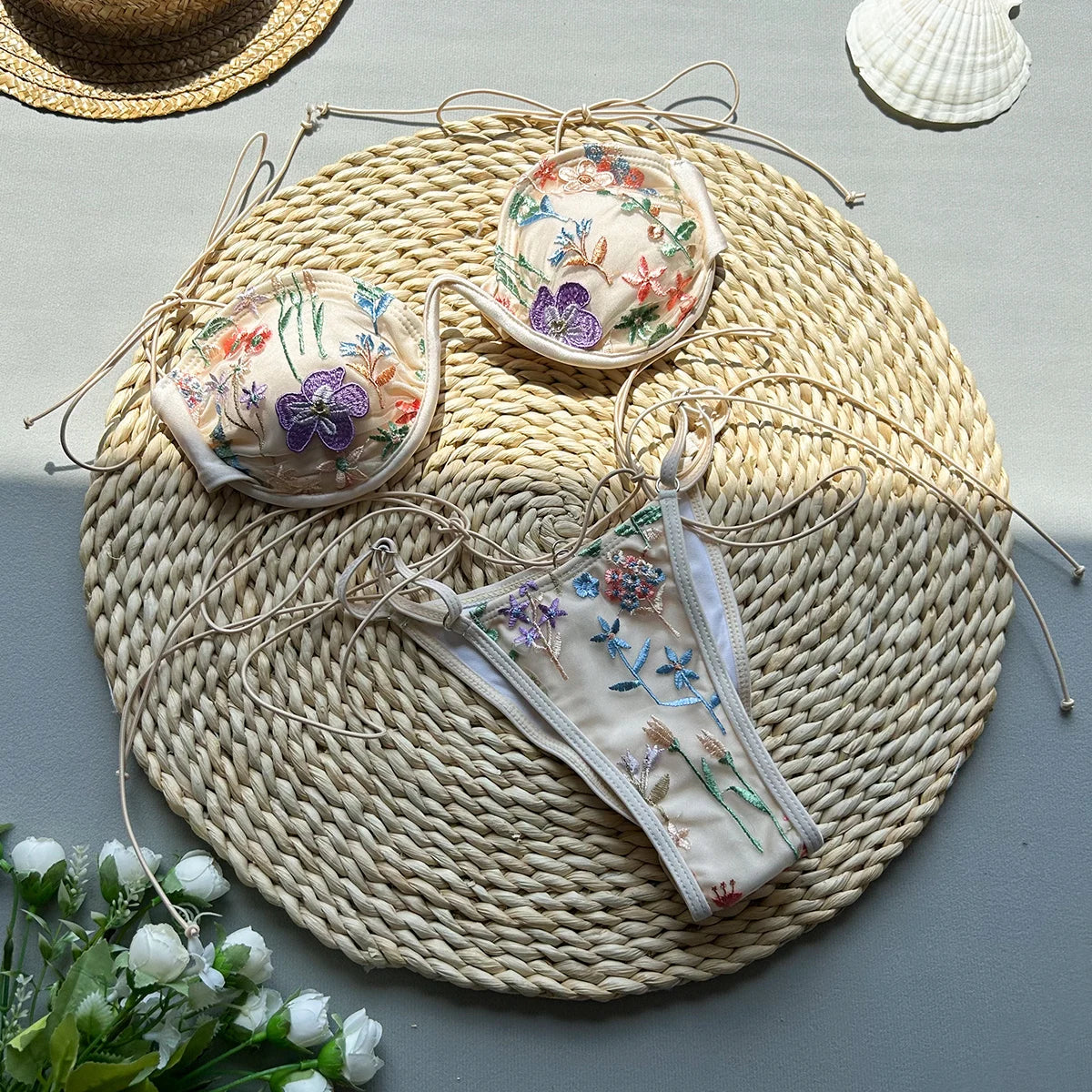 Sexy Push-Up Embroidered Bikini Set