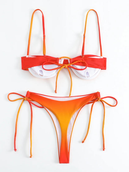 Gradient Orange High Waist Bikini Set – Women’s Print Beach Swimsuit