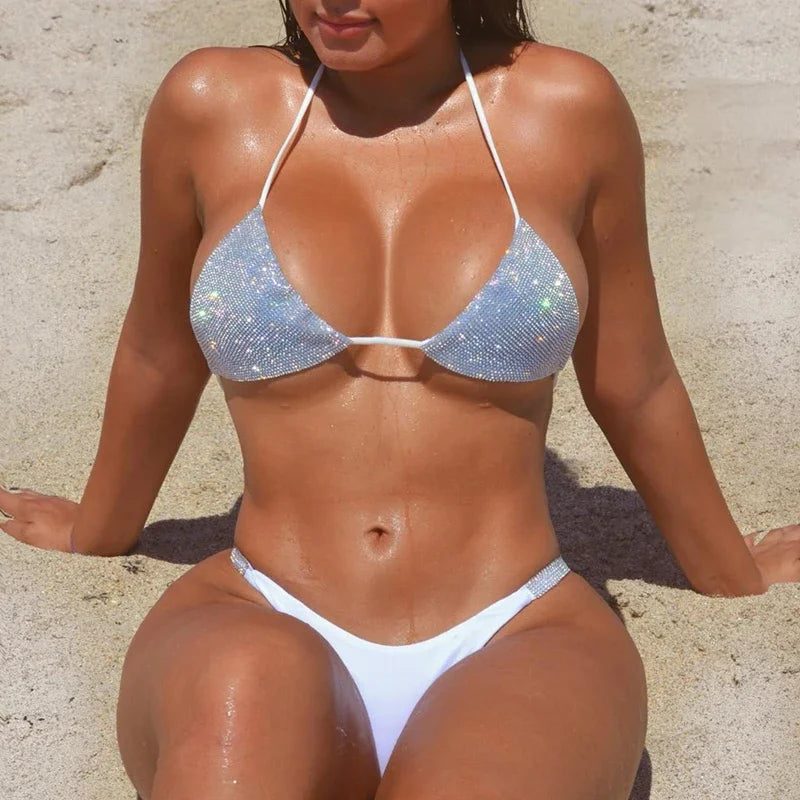 Women's Sequin Patchwork Micro Bikini Set Sexy Halter Backless Swimwear Push Up Low-Cut Swimsuit Two Piece Bathing Suit