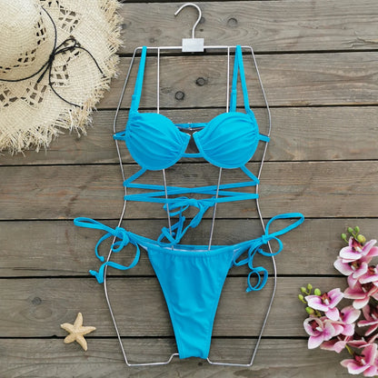 2026 Sexy Pleated Micro Bikini Set for Women – Halter High Cut Brazilian Swimsuit, Beachwear Bathing Suit