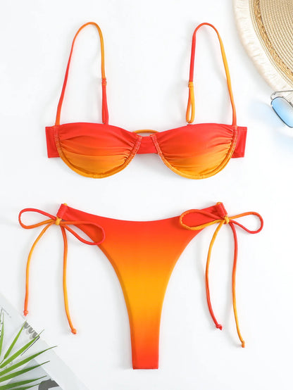Gradient Orange High Waist Bikini Set – Women’s Print Beach Swimsuit