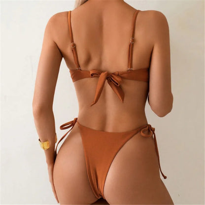 Metal Ring Brown String Bikini – Sexy Micro Thong Swimsuit